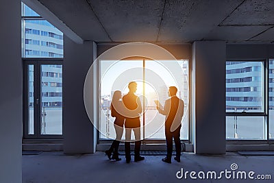 Silhouettes couple real estate agent apartment city Stock Photo