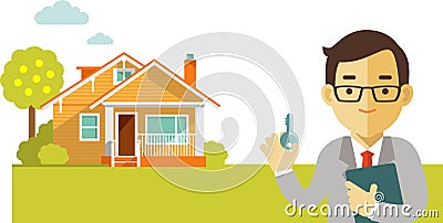 Real estate concept with house and realtor in flat Vector Illustration