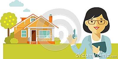 Real estate concept with house and realtor in flat Vector Illustration