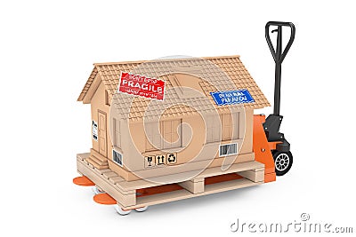 Real Estate Concept. Modern House Cottage as Cardboard Shipping Box over Hand Pallet Truck Forklift. 3d Rendering Editorial Stock Photo