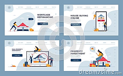 Real estate concept set for landing, homepage. Property investment, appraisal, house-buying, mortgage refinancing. Real Vector Illustration