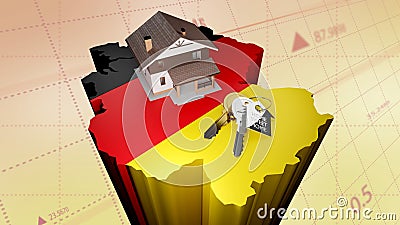 House on the map of Germany in colors of Germany flag. Search a house for buying or rent, concept. Stock Photo