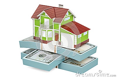 Real estate financial concept, house with packs of dollars. 3D r Stock Photo