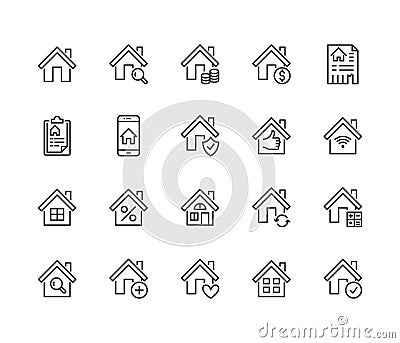 Real estate flat line icons set. House sale, home insurance, mortgage calculator, apartment search app, building Vector Illustration