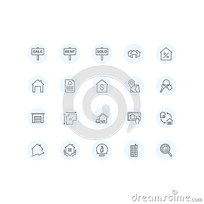 Real Estate flat line icons set. Includes such as sIcons as a house, apartment, keys, garage, house layout, residential building. Vector Illustration