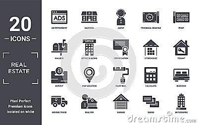 real.estate icon set. include creative elements as advertisement, print, storehouse, paint roll, realtor, deposit filled icons can Vector Illustration