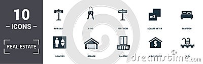Real Estate icons set collection. Includes simple elements such as Kitchen, Elevator, Garage, Balcony, House Price, and Stock Photo