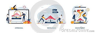 Real estate illustration set. House appraisal, property investment, mortgage refinancing. Banking, mortgage, investment Vector Illustration