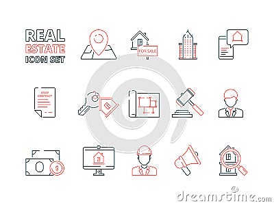 Real estate line icon. Building sale house realty business homeowner vector colored thin symbols Vector Illustration