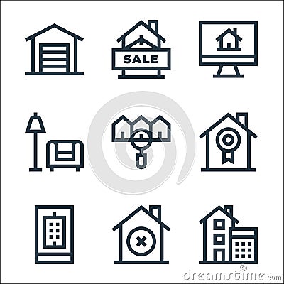 Real estate line icons. linear set. quality vector line set such as calculations, discard, real estate, certified, house, living Vector Illustration