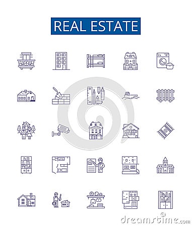 Real estate line icons signs set. Design collection of Property, Homes, Land, Houses, Investment, Agent, Broker, Market Vector Illustration