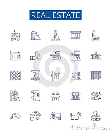 Real estate line icons signs set. Design collection of Property, Homes, Land, Houses, Investment, Agent, Broker, Market Vector Illustration