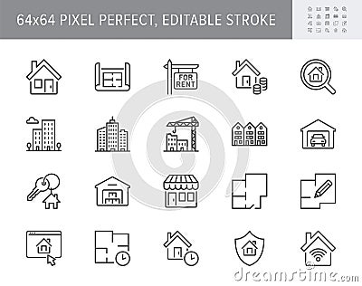 Real estate line icons. Vector illustration include icon - house, insurance, commercial, blueprint, townhouse, keys Vector Illustration