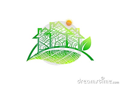 Real estate logo, home leaf icon, organic architecture sign, natural building, solar energy construction, gardening family symbol, Vector Illustration