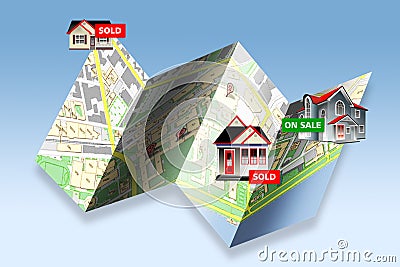 Real Estate Map of Homes for Sale Stock Photo