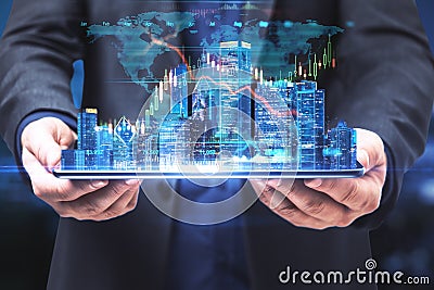 Real estate market concept with businessman with digital tablet in hands and digital city skyscrapers with financial chart graph Stock Photo
