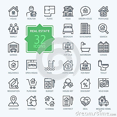 Real Estate - minimal thin line web icon set. Outline icons collection. Vector Illustration