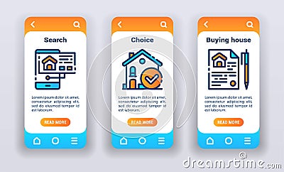 Real estate on mobile app onboarding screens. Line icons, search, choice, buying house. Banners for website and mobile kit Vector Illustration