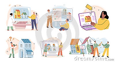 Real estate online searching concept. People with laptop looking for house for buying or for rent Vector Illustration