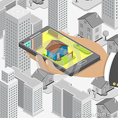 Real estate online searching isometric concept. Vector Illustration