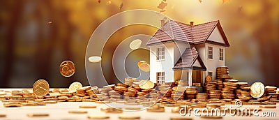 Real Estate Price Change Concept With House And Coins Stock Photo