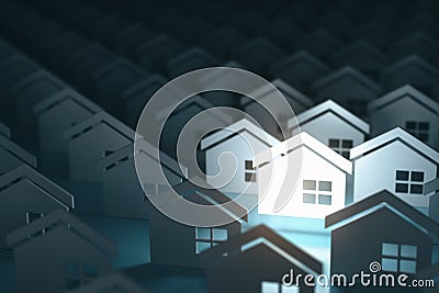 Real estate property industry concept background. Unique lighting house sign in group of houses. Cartoon Illustration