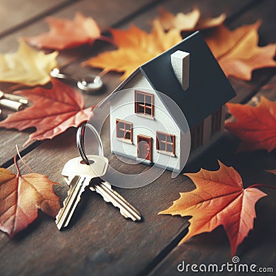 real estate purchase concept. house with keys on a background of autumn leaves. ai generative Stock Photo