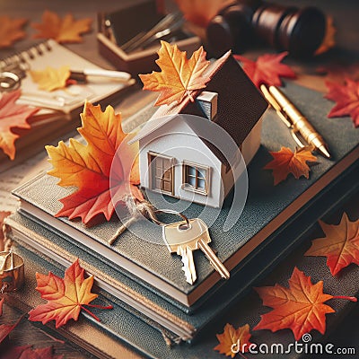 real estate purchase concept. house with keys on a background of autumn leaves. ai generative Stock Photo