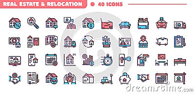 Real estate and relocation big color linear icon set. Search for apartment, rent and purchase. Shipping and moving. Vector Illustration