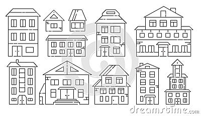 Real estate and residential buildings icons in style line art. Black line on white background Vector Illustration