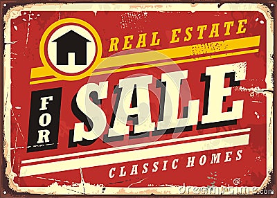 Real estate for sale retro tin sign design layout Vector Illustration