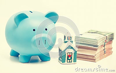 Real estate sale savings, loans market. Piggy bank home and pile of euro cash Stock Photo