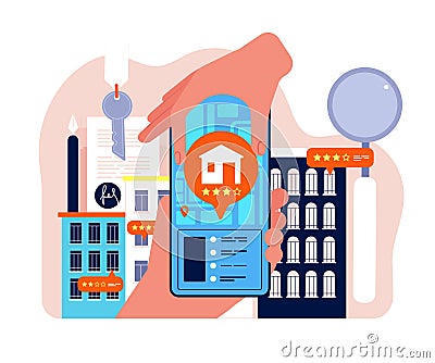 Real estate search. Apartment rent or selling company network buying houses vector concept Vector Illustration
