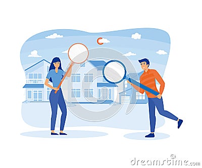Real estate search. Buying property concept, people group looking home on market. Vector Illustration