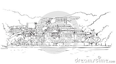 Real Estate Silhouette Big Modern Villa House In Tropical Forest Skecth Vector Illustration
