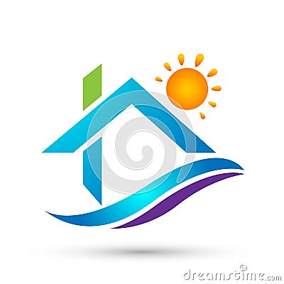 Real estate sun home family people house company concept logo icon element sign on white background Cartoon Illustration