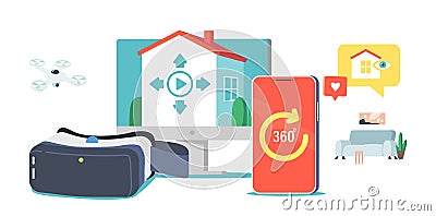 Real Estate Virtual Tour Concept. Remote Apartment Showing Service for Buying or Rent. Smartphone with 360 Degree View Vector Illustration