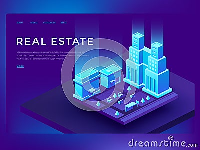 Real estate web site design with 3d isometric buildings. Smart city technology vector business innovation concept Vector Illustration