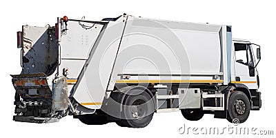 Real garbage truck isolated on white background for easy selection Stock Photo