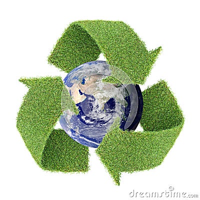 Real grass recycle symbol with globe Stock Photo