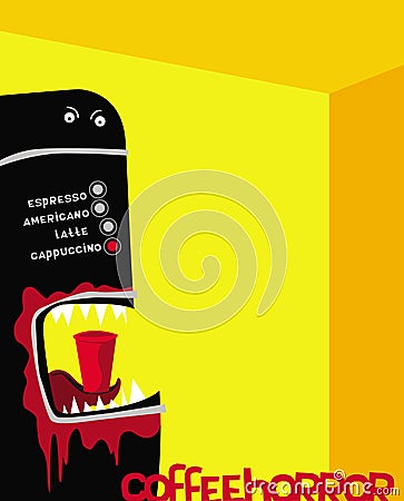 Real Halloween. A coffee machine that turned into a bloodthirsty monster. Vector Illustration