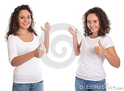 Real isolated twin girls presenting over white in shirt and jean Stock Photo