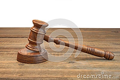 Real Judges Or Auctioneer Gavel On Wood Table White Isolated Stock Photo