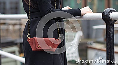 Real leather handbag opened in brown with model Stock Photo