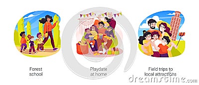 Real life socialization of homeschoolers isolated cartoon vector illustration set Vector Illustration