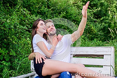 Real love. couple in love. Happiness. couple relax outdoor on bench. Secret place. family weekend. romantic date. man Stock Photo