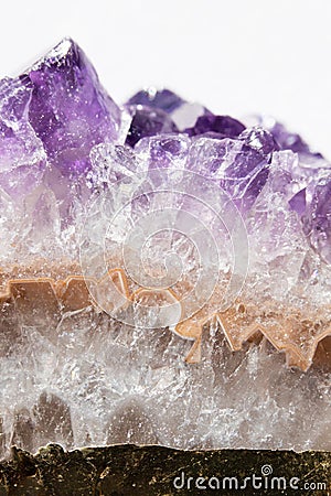 Real macro photo of amethyst natural crystal. Side view. Stock Photo