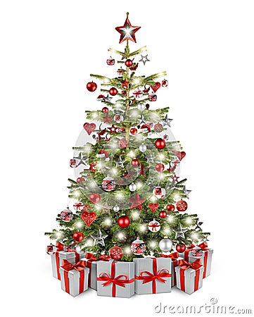 Real natural nordmann xmas christmas tree with many gift present box and red silver wooden decoration. bauble star heart and Stock Photo