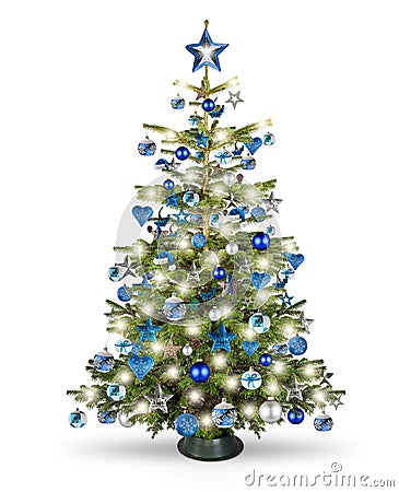 Real natural nordmann xmas christmas tree with petrol blue turquoise silver and wooden decoration. bauble star heart and bright Stock Photo