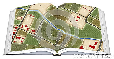 Real opened book with imaginary cadastral and city map with buildings, land parcel and vacant plot - concept isolated on white for Stock Photo
